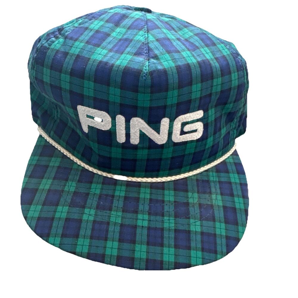Vintage Ping Hat Cap Adult Blue Green Tartan Plaid Adjustable Rope Golf Rare